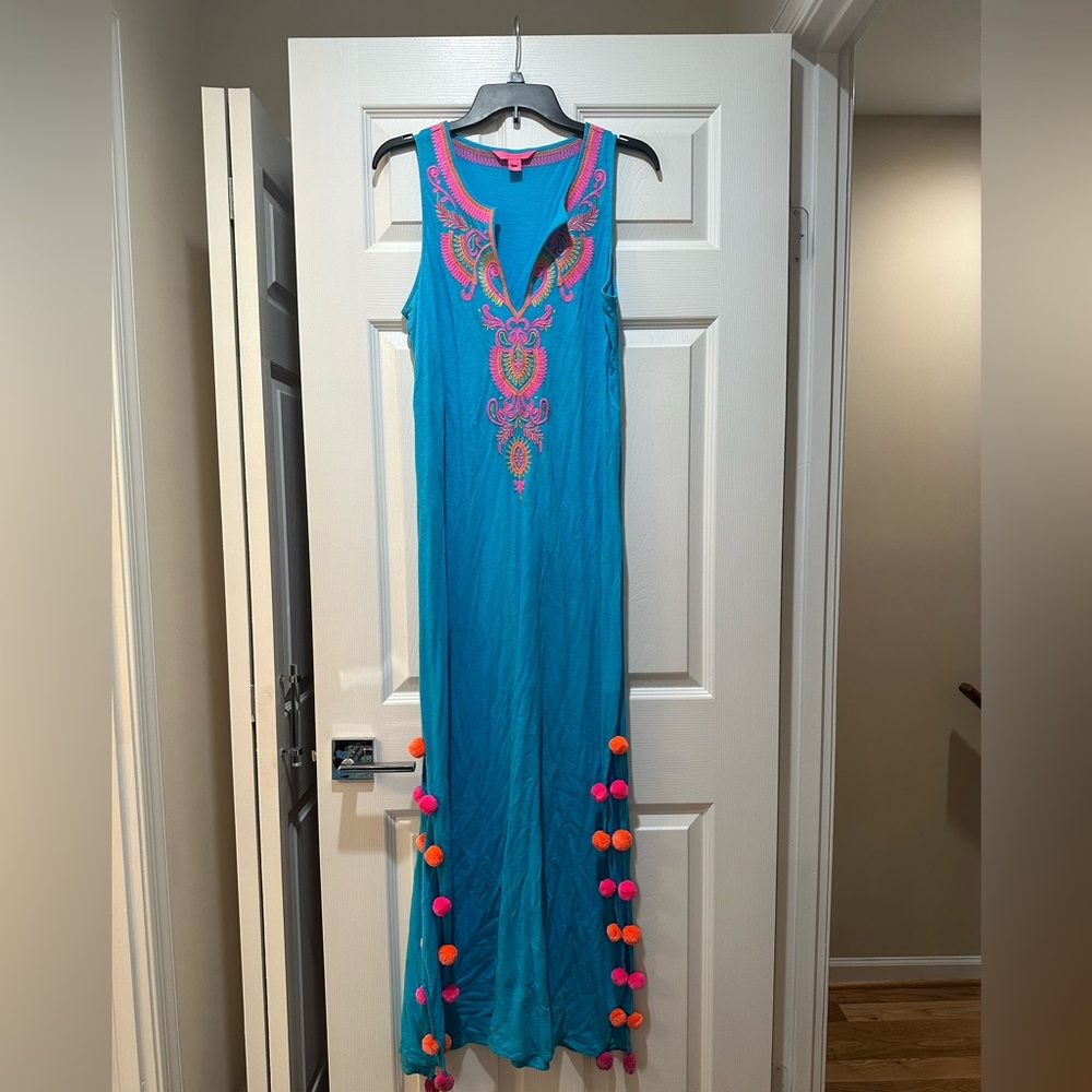 Pool cover up!! Slot up both legs Maxi Dress with Embroidered pom pom Details